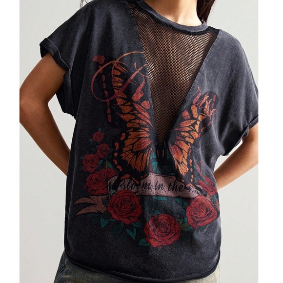 Mineral Wash Mesh Butterfly Rose print Loose Fit Top - Picture 2 of 6